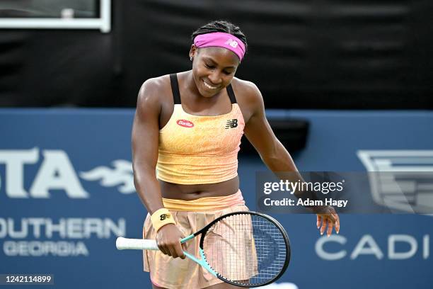 Coco Gauff reacts after a shot against Sofia Kenin in an exhibition match during Day One of the Atlanta Open at Atlantic Station on July 25, 2022 in...