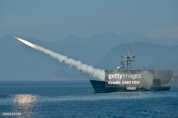 Taiwanese navy launches a US-made Standard missile from a frigate during the annual Han Kuang Drill, on the sea near the Suao navy harbor in Yilan...