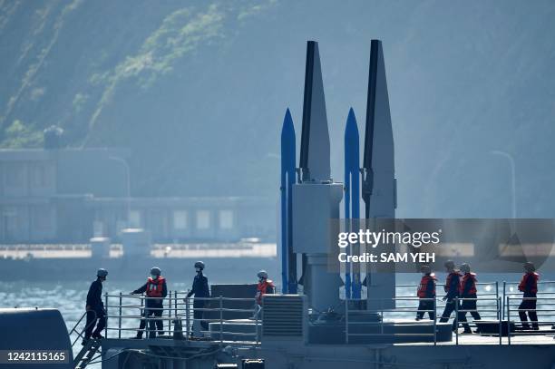 Navy soldiers walk past two US-made Standard missiles on a destroyer during the annual Han Kuang Drill, at the Suao navy harbor in Yilan county on...