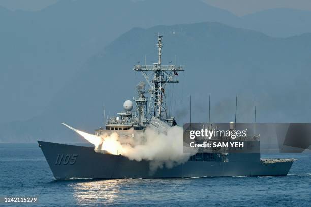 Taiwanese navy launches a US-made Standard missile from a frigate during the annual Han Kuang Drill, on the sea near the Suao navy harbor in Yilan...