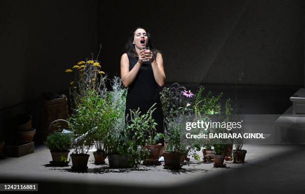 Lithuanian soprano Asmik Grigorian performs on stage during a dress rehearsal for the opera 'Suor Angelica', that is part of the opera trilogy 'Il...