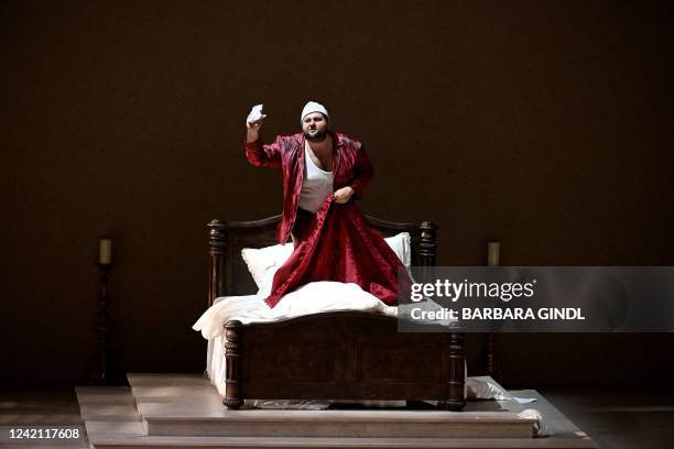 Georgian baritone Misha Kiria performs on stage during a dress rehearsal for the one-act opera 'Gianni Schicchi', that is part of the opera trilogy...