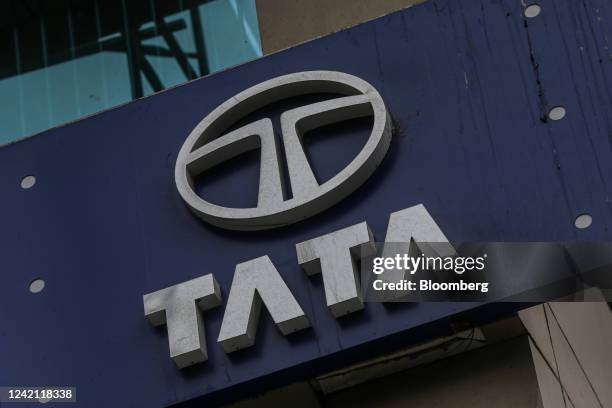 Tata Group's logo displayed at Tata Motors Ltd., dealership in Mumbai, India, on Tuesday, July 26, 2022. Tata Motors is expected to report results on...