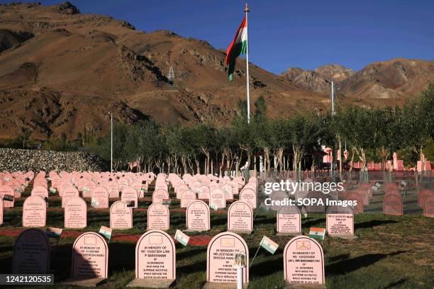 The martyrs' graves at the Kargil war memorial in the Drass region of Ladakh. India celebrates Kargil Vijay Diwas on July 26 every year to mark the...