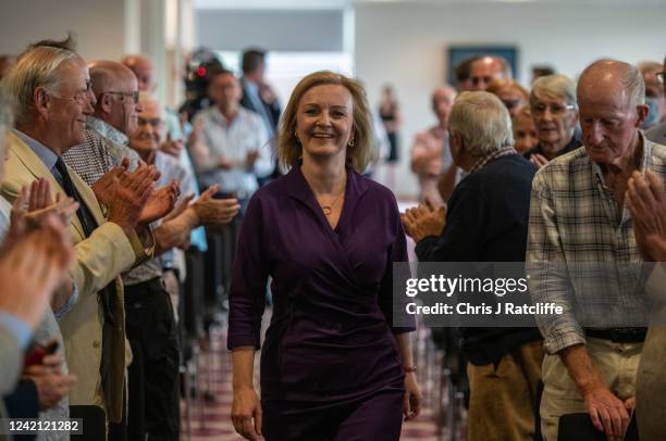 Liz Truss, Britains Foreign Secretary and leadership candidate, arrives to speak to Conservative Party members at Fontwell Park racecourse on July...