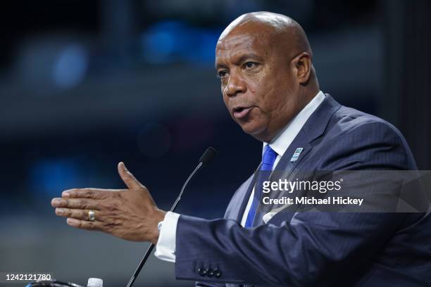 Big Ten Commissioner Kevin Warren speaks during the 2022 Big Ten Conference Football Media Days at Lucas Oil Stadium on July 26, 2022 in...