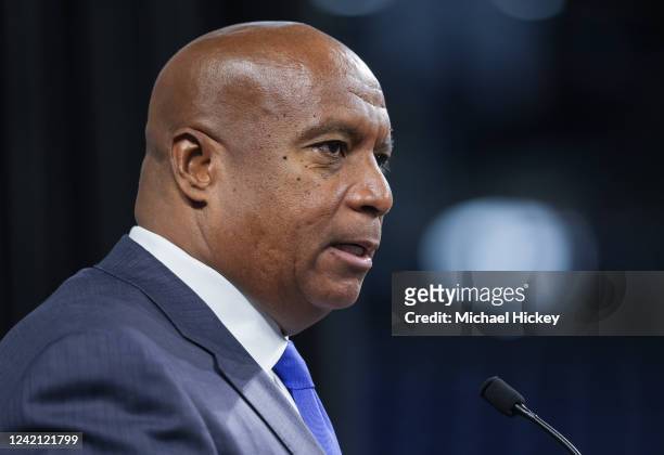 Big Ten Commissioner Kevin Warren speaks during the 2022 Big Ten Conference Football Media Days at Lucas Oil Stadium on July 26, 2022 in...