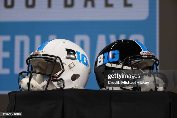 General view of Big Ten helmets are seen during the 2022 Big Ten Conference Football Media Days at Lucas Oil Stadium on July 26, 2022 in...