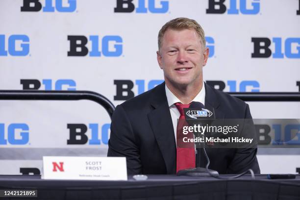 Scott Frost, head coach of the Nebraska Cornhuskers speaks during the 2022 Big Ten Conference Football Media Days at Lucas Oil Stadium on July 26,...