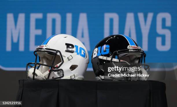 General view of Big Ten helmets are seen during the 2022 Big Ten Conference Football Media Days at Lucas Oil Stadium on July 26, 2022 in...