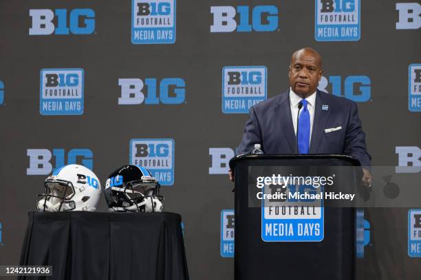 Big Ten Commissioner Kevin Warren speaks during the 2022 Big Ten Conference Football Media Days at Lucas Oil Stadium on July 26, 2022 in...