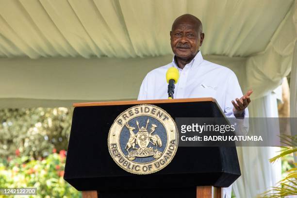 Uganda's President Yoweri Museveni speaks during a joint press conference with Russia's Foreign Minister Sergei Lavrov at the State House in Entebbe,...