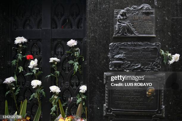 Flowers are seen on the grave of former First Lady Eva Peron at the Recoleta cemetery in Buenos Aires, on July 26 during the 70th anniversary of her...