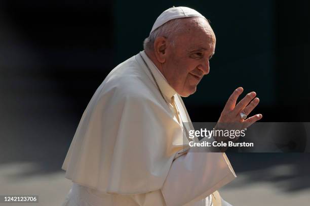 Pope Francis arrives at Commonwealth Stadium to give an open-air mass on July 26, 2022 in Edmonton, Canada. The pope is meeting with Indigenous...