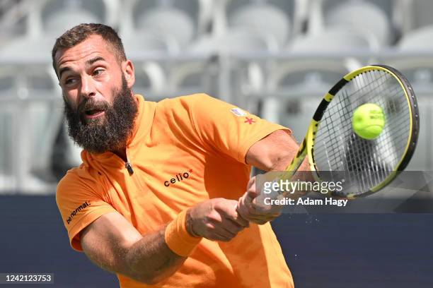 Benoit Paire of France hits a backhand against Jenson Brooksby during Day Two of the Atlanta Open at Atlantic Station on July 26, 2022 in Atlanta...