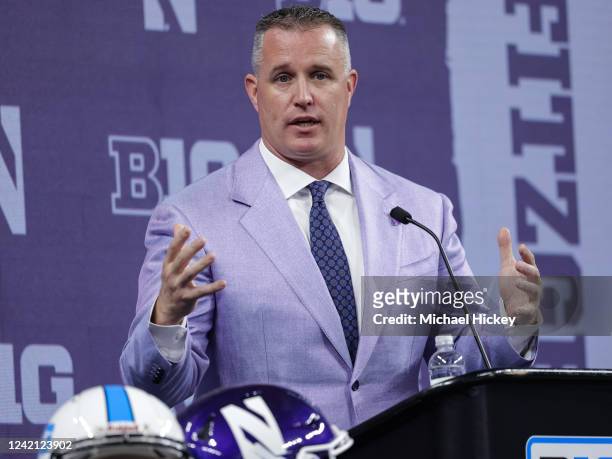 Head coach Pat Fitzgerald of the Northwestern Wildcats speaks during the 2022 Big Ten Conference Football Media Days at Lucas Oil Stadium on July 26,...