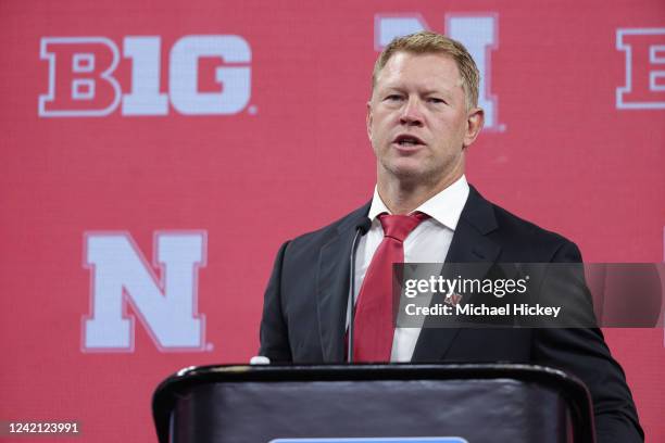 Head coach Scott Frost of the Nebraska Cornhuskers speaks during the 2022 Big Ten Conference Football Media Days at Lucas Oil Stadium on July 26,...