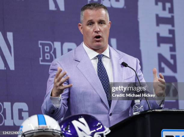 Head coach Pat Fitzgerald of the Northwestern Wildcats speaks during the 2022 Big Ten Conference Football Media Days at Lucas Oil Stadium on July 26,...