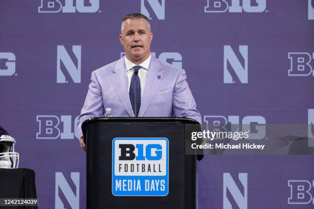 Head coach Pat Fitzgerald of the Northwestern Wildcats speaks during the 2022 Big Ten Conference Football Media Days at Lucas Oil Stadium on July 26,...