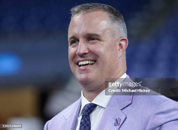 Head coach Pat Fitzgerald of the Northwestern Wildcats is seen during the 2022 Big Ten Conference Football Media Days at Lucas Oil Stadium on July...