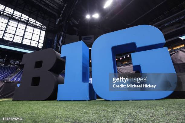 General view of the Big Ten Conference logo seen on the field during the 2022 Big Ten Conference Football Media Days at Lucas Oil Stadium on July 26,...