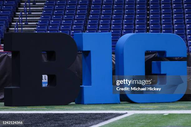 General view of the Big Ten Conference logo seen on the field during the 2022 Big Ten Conference Football Media Days at Lucas Oil Stadium on July 26,...