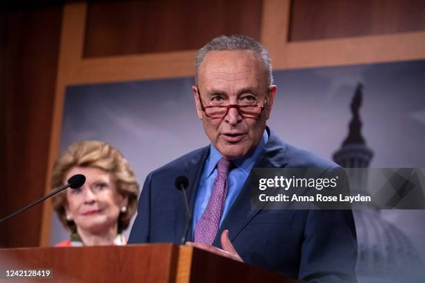 Senate Majority Leader Charles Schumer responds to reporters questions during a press conference following the weekly Democratic Party luncheon on...