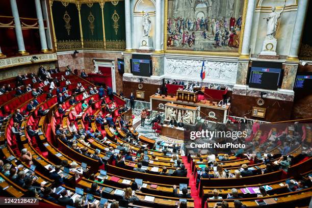 Overall view of the hemicycle. Continuation of the discussion of the amending finance bill for 2022 at the National Assembly in Paris, on July 26,...