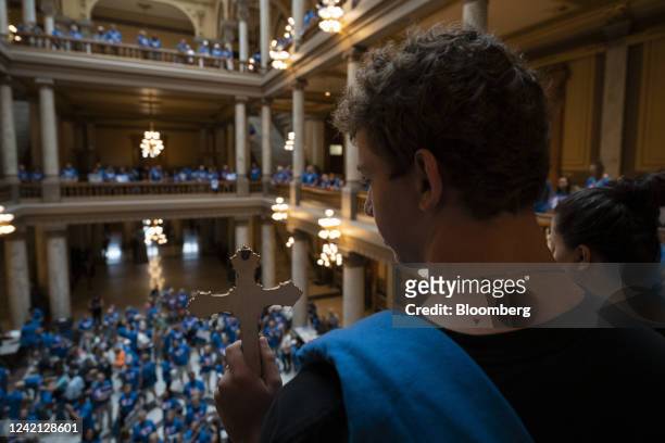 Anti-abortion demonstrators protest during a special session of the Indiana State Senate at the Capitol building in Indianapolis, Indiana, US, on...