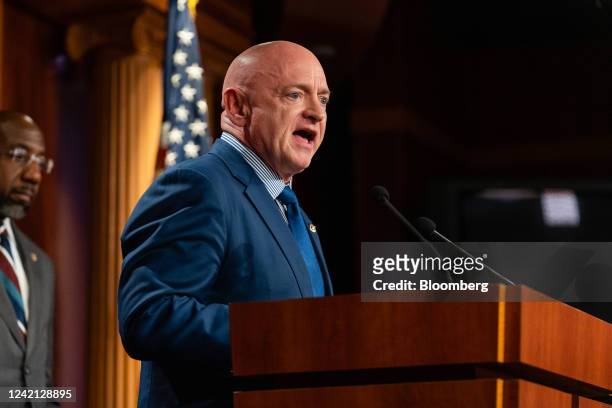 Senator Mark Kelly, a Democrat from Arizona, speaks during a news conference following the weekly Democratic caucus luncheon at the US Capitol in...