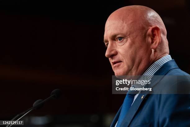 Senator Mark Kelly, a Democrat from Arizona, speaks during a news conference following the weekly Democratic caucus luncheon at the US Capitol in...