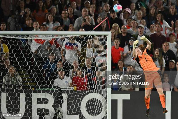 England's midfielder Fran Kirby scores her team fourth goal pas Sweden's goalkeeper Hedvig Lindahl during the UEFA Women's Euro 2022 semi-final...