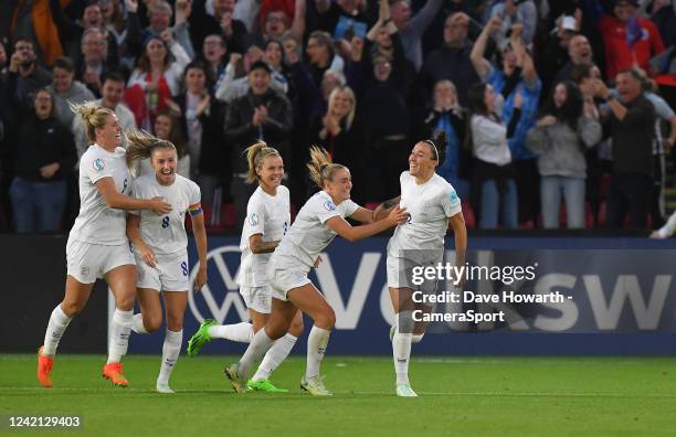 England's Lucy Bronze celebrates with her team-mates after scoring her side's second goal during the UEFA Women's Euro England 2022 Semi Final match...