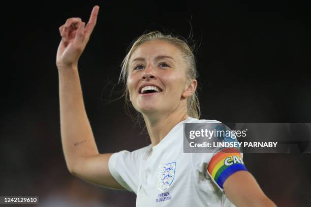 England's midfielder Leah Williamson celebrates after winning with her team at the end of the UEFA Women's Euro 2022 semi-final football match...