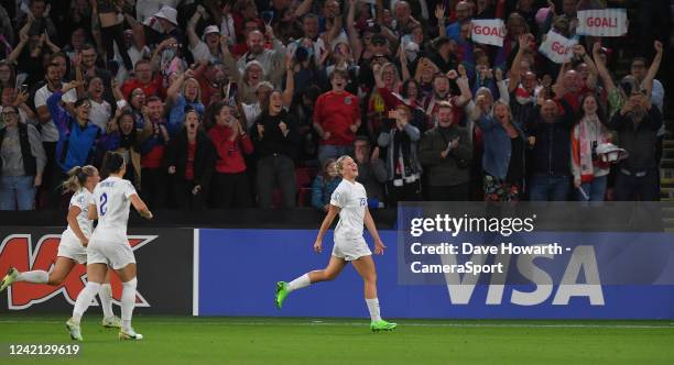 England's Alessia Russo celebrates scoring her side's third goal during the UEFA Women's Euro England 2022 Semi Final match between England and...