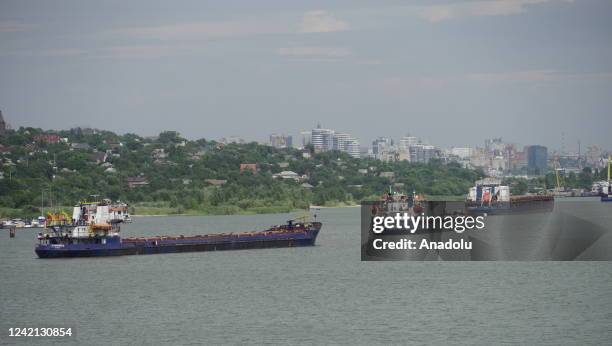 Grains to be shipped are loaded onto a ship at Port of Rostov-on-Don in Russia on July 26, 2022.