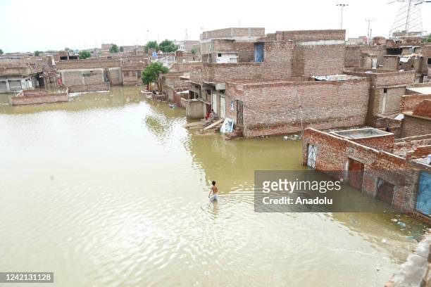 An aerial view of Al Shah Colony after heavy monsoon rain hits Hyderabad, Pakistan on July 26, 2022. Several people lost their lives in floods due to...