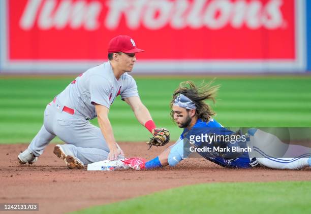 Bo Bichette of the Toronto Blue Jays slides into second base for a double against Tommy Edman of the St. Louis Cardinals in the first inning during...
