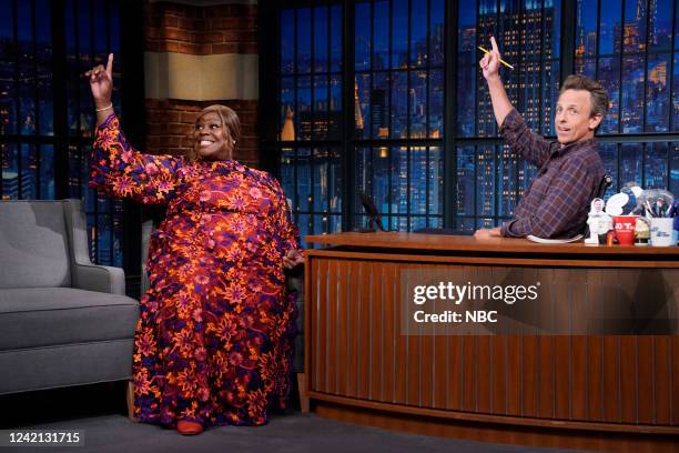 Episode 1322 -- Pictured: Actress/comedian Retta during an interview with host Seth Meyers on July 26, 2022 --