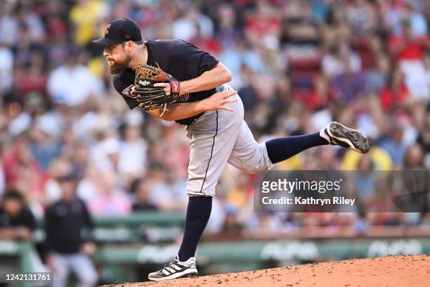 Bryan Shaw of the Cleveland Guardians pitches in the second inning against the Boston Red Sox at Fenway Park on July 26, 2022 in Boston,...