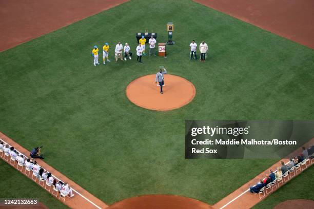 General view of a pre game ceremony honoring former Boston Red Sox designated hitter David Ortizs induction into the Baseball Hall of Fame ahead of a...