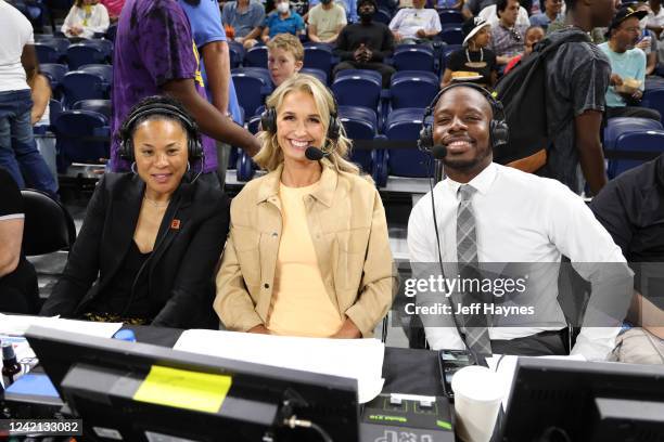 Dawn Staley, Sarah Kustok and Michael Grady pose for a photo before the WNBA Commissioner's Cup Game on July 26, 2022 at the Wintrust Arena in...