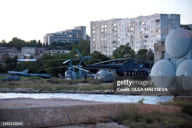 Picture taken on July 15, 2022 shows non-operating Soviet military equipment in Sevastopol, the largest city on the Crimean Peninsula and its most...