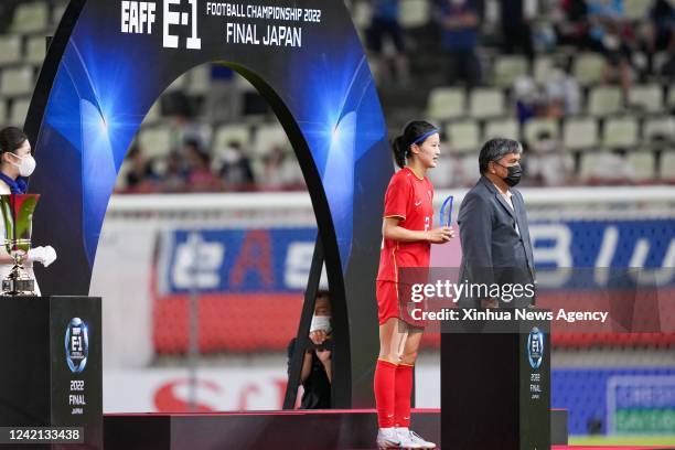 Best defender, Wang Linlin of China, poses for photos during the awarding ceremony for women's team of the 2022 EAFF East Asian Football Federation...