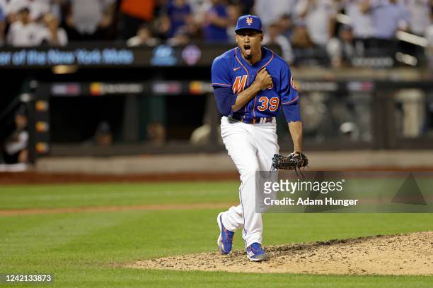 Edwin Diaz of the New York Mets reacts after the final out during the ninth inning against the New York Yankees at Citi Field on July 26, 2022 in New...