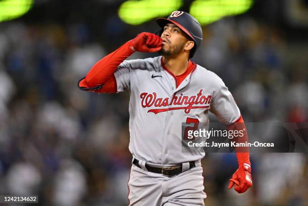 Luis Garcia of the Washington Nationals rounds the bases after hitting a 2-run home run in the eighth inning against the Los Angeles Dodgers at...