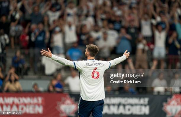 Tristan Blackmon of the Vancouver Whitecaps FC celebrates after scoring a goal in penalty kicks to win the 2022 Canadian Championship Final at BC...