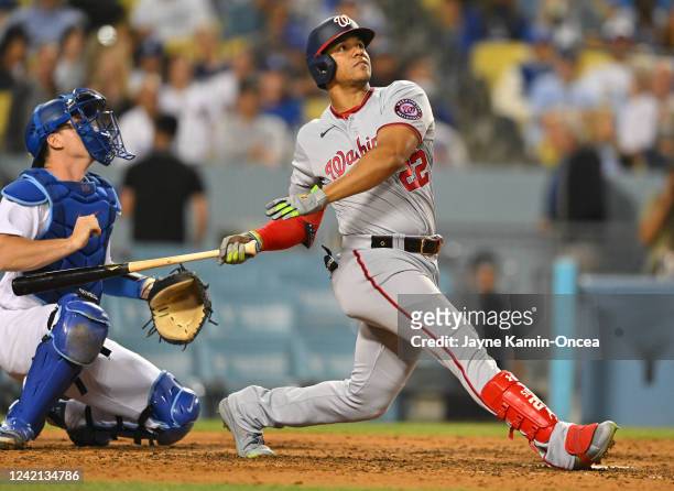 Juan Soto of the Washington Nationals pops out to Gavin Lux of the Los Angeles Dodgers in the fifth inning at Dodger Stadium on July 26, 2022 in Los...