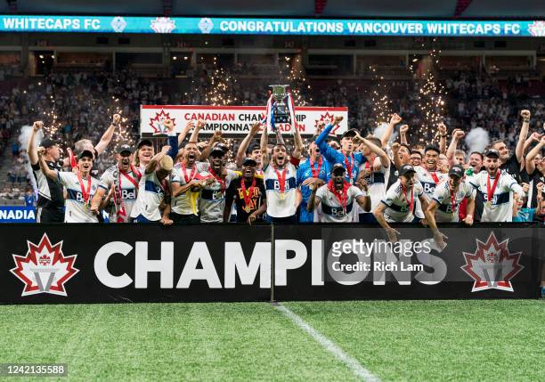 The Vancouver Whitecaps FC hoists the Voyagers Cup after defeating the Toronto FC to win the 2022 Canadian Championship Final at BC Place on July 26,...