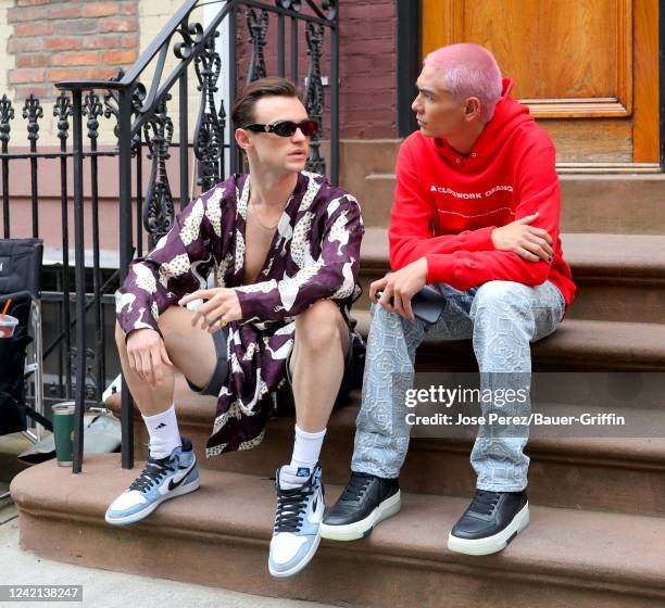 Thomas Doherty and Evan Mock are seen at film set of the 'Gossip Girl' TV Series on July 26, 2022 in New York City.